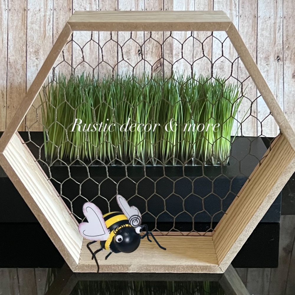 Farmhouse hexagon shelf with metal bee pot hugger